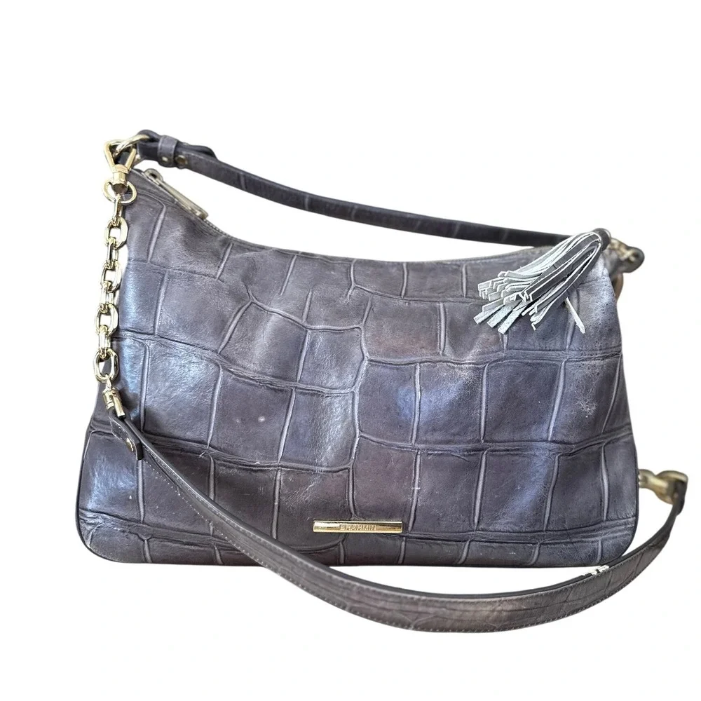 Brahmin Grey Croc Embossed‎ Leather Shoulder Bag Gold Chain Tassel Accent